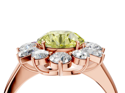 Rose gold Fancy Yellow Round Cut Diamond Cluster Ring with Round and Baguette Stones, Split Shank Band, Prong Setting_4