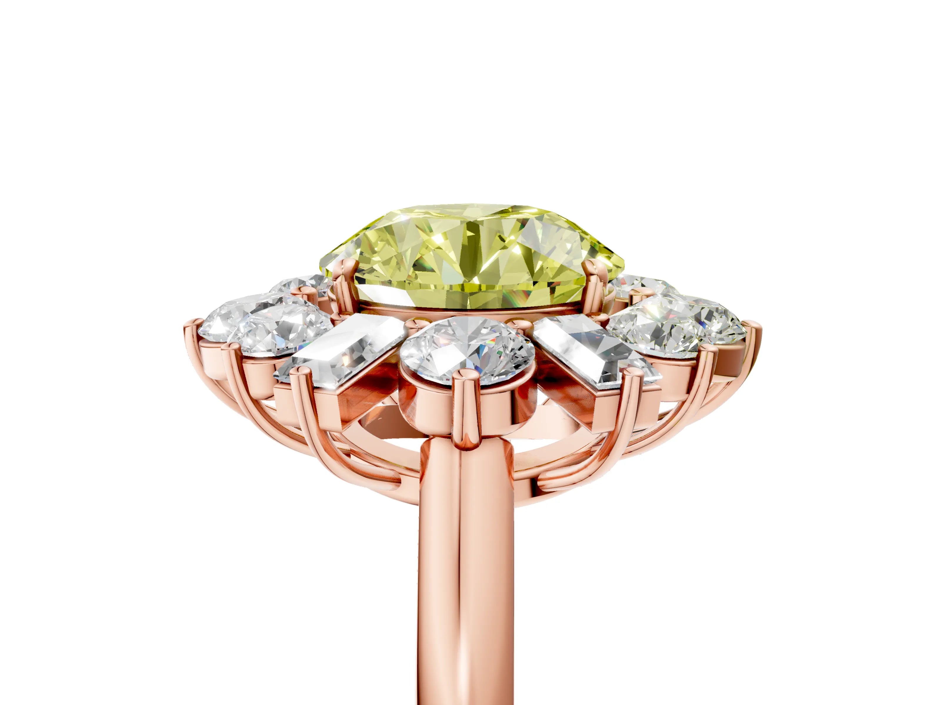 Rose gold Fancy Yellow Round Cut Diamond Cluster Ring with Round and Baguette Stones, Split Shank Band, Prong Setting_5