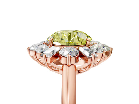Rose gold Fancy Yellow Round Cut Diamond Cluster Ring with Round and Baguette Stones, Split Shank Band, Prong Setting_5