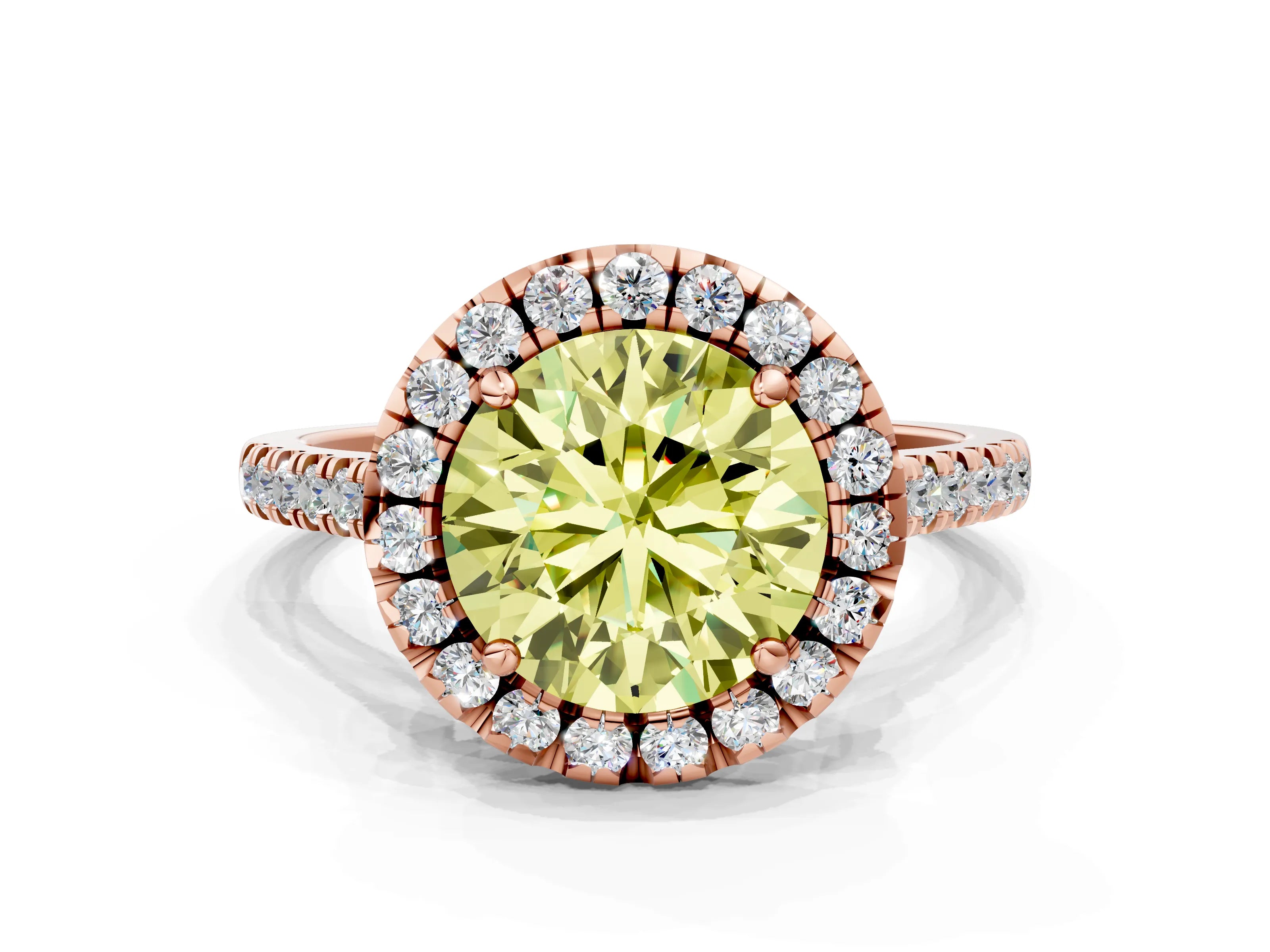 Rose gold Fancy Yellow Round Cut Diamond Cushion Halo Ring with Pavé Band