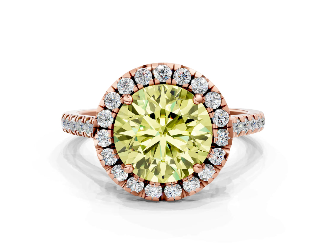 Rose gold Fancy Yellow Round Cut Diamond Cushion Halo Ring with Pavé Band