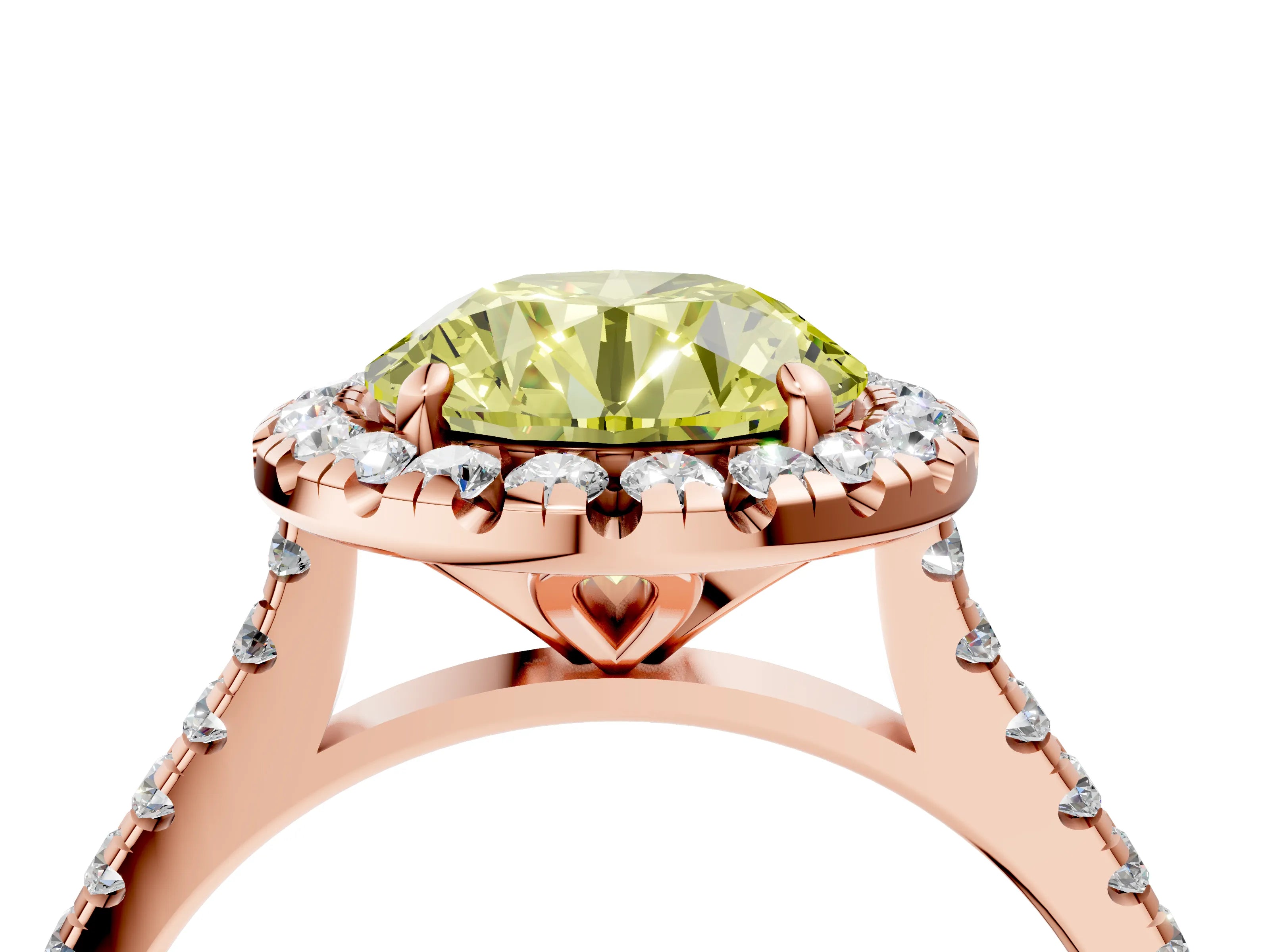 Rose gold Fancy Yellow Round Cut Diamond Cushion Halo Ring with Pavé Band_4