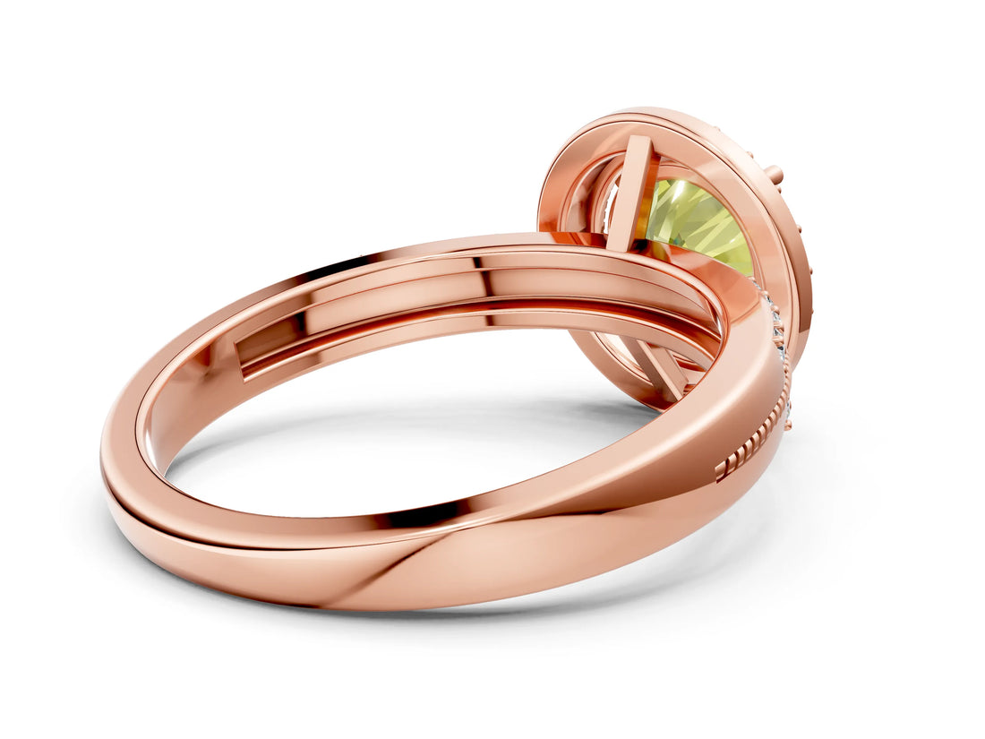 Rose gold Fancy Yellow Round Cut Diamond Double Halo Ring with Split Shank and Four-Prong Setting