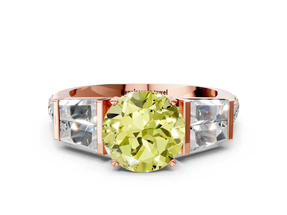 Rose gold Fancy Yellow Round Cut Diamond Engagement Ring with Baguette Side Stones and Channel Set Band_17