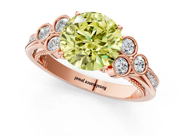 Rose gold Fancy Yellow Round  Cut Diamond Engagement Ring with Bezel Set Round Side Stones and Prong Setting