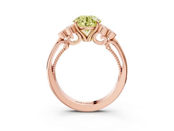 Rose gold Fancy Yellow Round  Cut Diamond Engagement Ring with Bezel Set Round Side Stones and Prong Setting