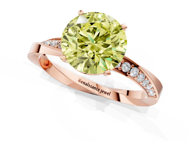 Rose gold Fancy Yellow Round Cut Diamond Engagement Ring with Side Stone Accents and Four-Prong Setting