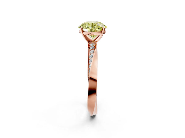 Rose gold Fancy Yellow Round Cut Diamond Engagement Ring with Side Stone Accents and Four-Prong Setting