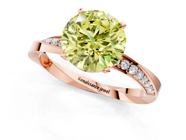 Rose gold Fancy Yellow Round Cut Diamond Engagement Ring with Side Stone Accents and Four-Prong Setting