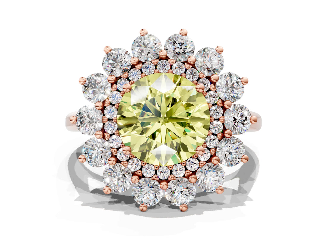 Rose gold Fancy Yellow Round Cut Diamond Floral Double Halo Engagement Ring with Prong Setting_60