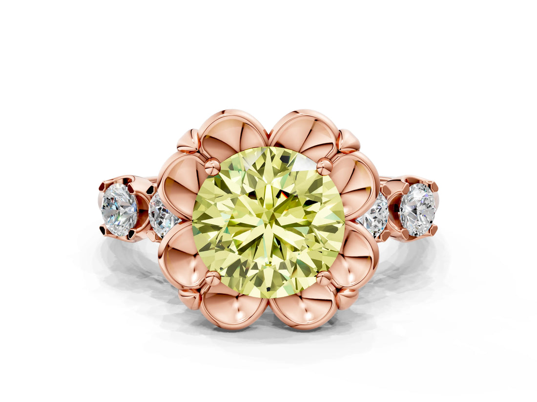 Rose gold Fancy Yellow Round  Cut Diamond Floral Halo Engagement Ring with Shared Prong Setting 2