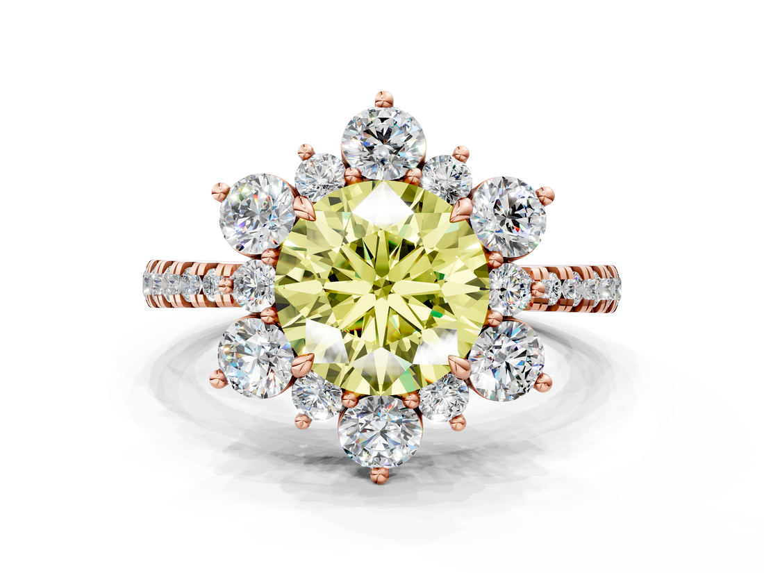 Rose gold Fancy Yellow Round  Cut Diamond Floral Halo Pave Band with Prong Setting