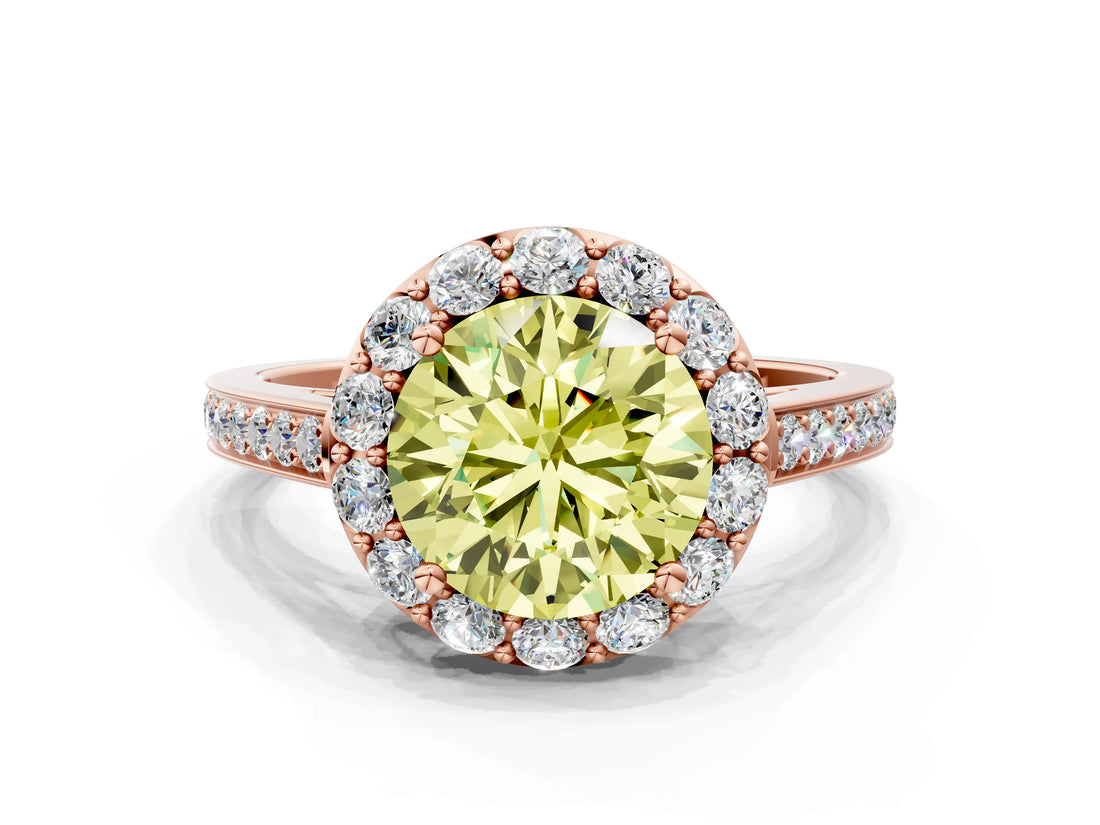 Rose gold Fancy Yellow Round Cut Diamond Floral Halo Ring with Pavé Band and Prong Setting_3