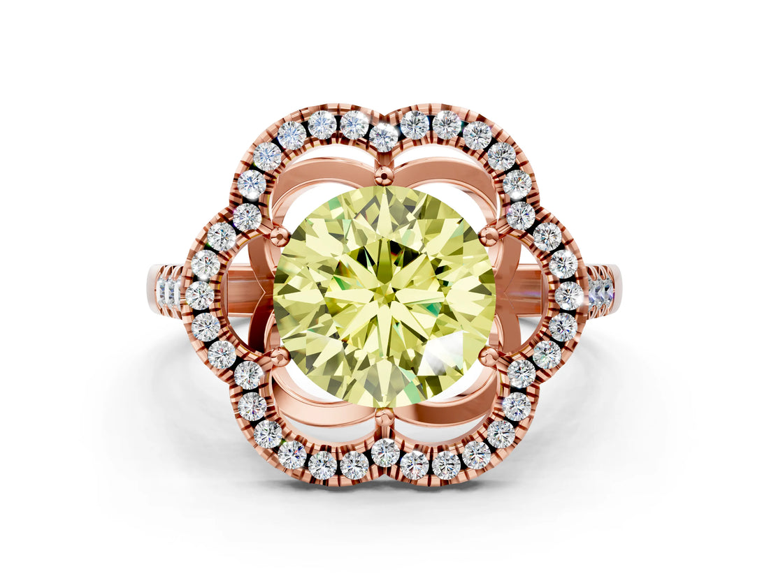Rose gold Fancy Yellow Round Cut Diamond Floral Halo Split Shank Prong Setting Ring