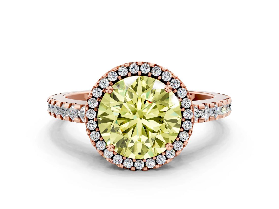 Rose gold Fancy Yellow Round Cut Diamond Halo Engagement Ring with Pavé Band and Prong Setting_27