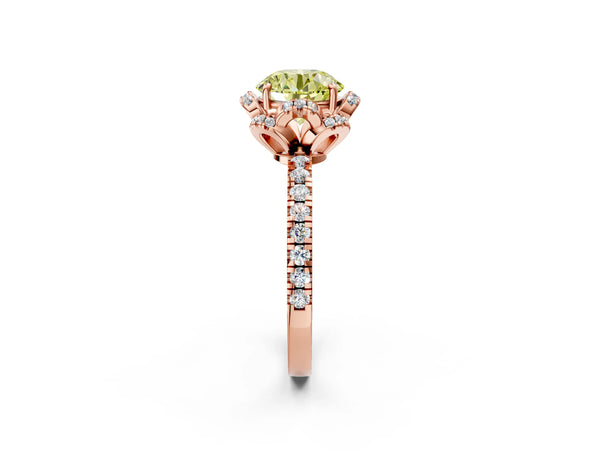 Rose gold Fancy Yellow Round Cut Diamond Halo Pave Band with Four-Prong Setting