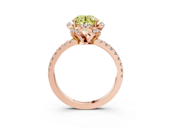 Rose gold Fancy Yellow Round Cut Diamond Halo Pave Band with Four-Prong Setting