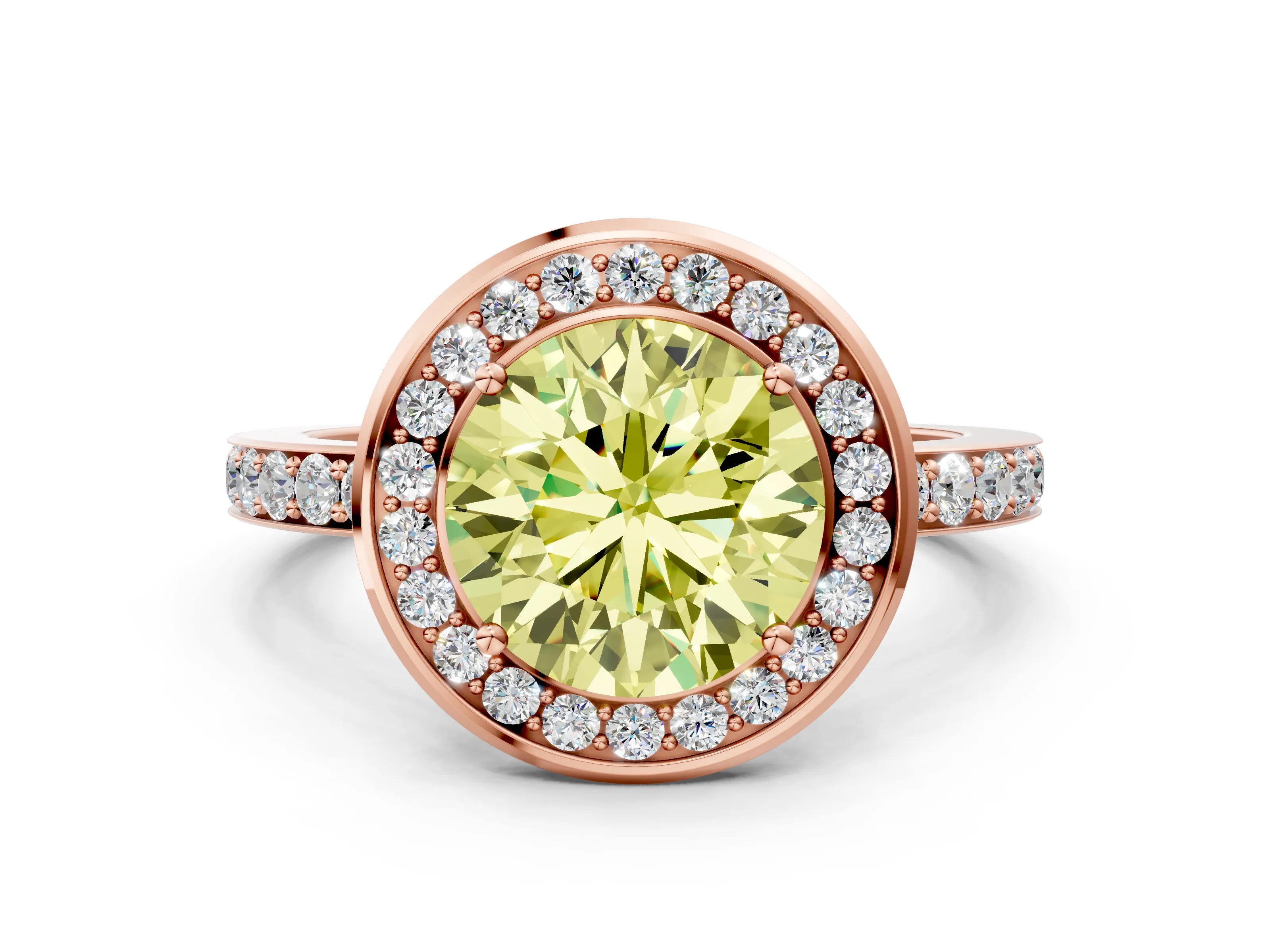 Rose gold Fancy Yellow Round Cut Diamond Halo Ring with Bezel Frame and Pavé Band