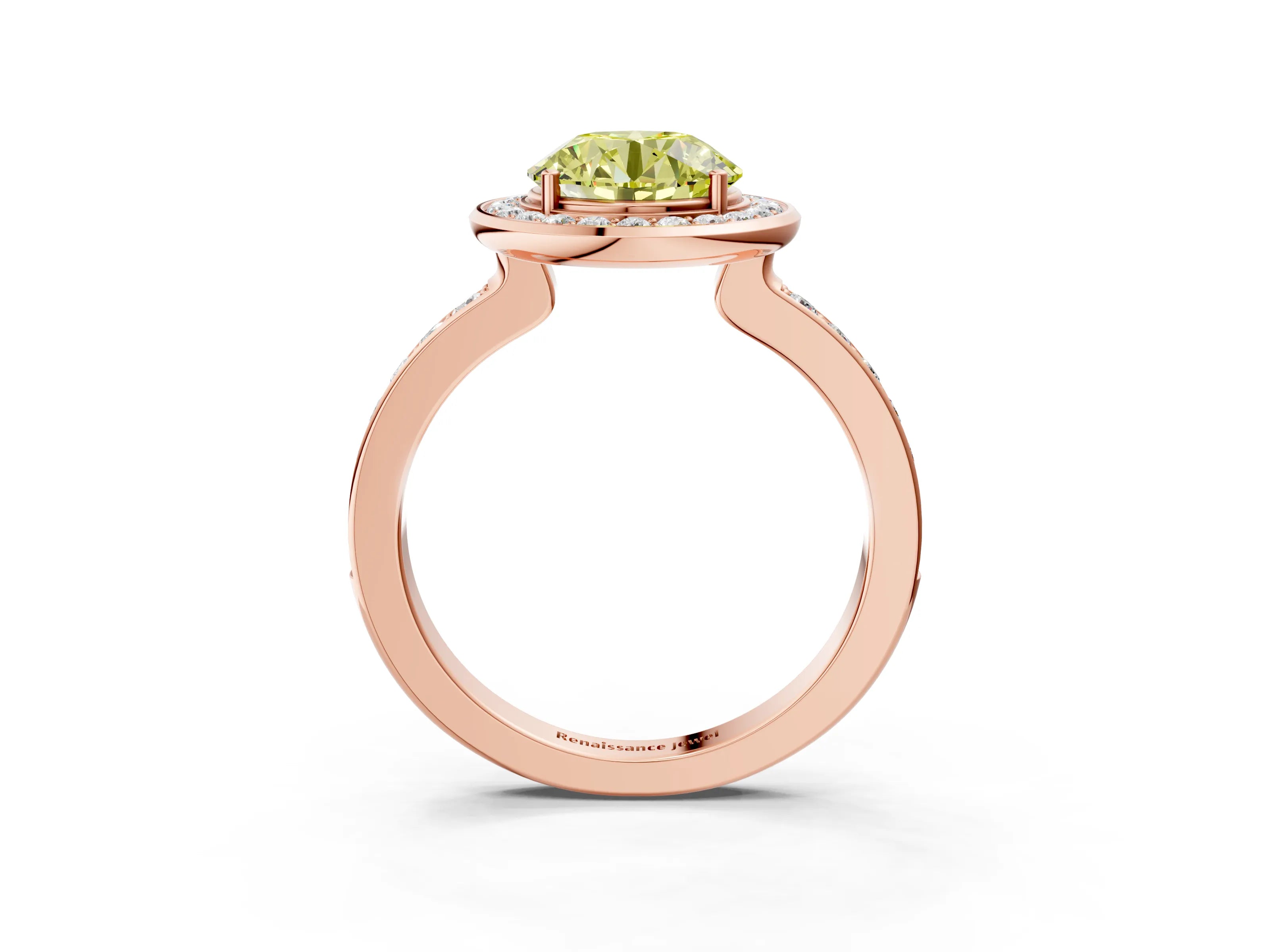 Rose gold Fancy Yellow Round Cut Diamond Halo Ring with Bezel Frame and Pavé Band_3