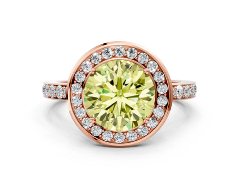 Rose gold Fancy Yellow Round Cut Diamond Halo Ring with Bezel Frame and Pavé Band