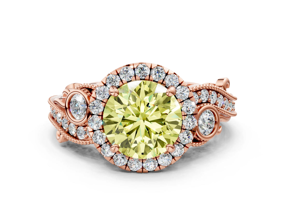 Rose gold Fancy Yellow Round Cut Diamond Halo Ring with Milgrain Pavé Band and Four-Prong Setting_17
