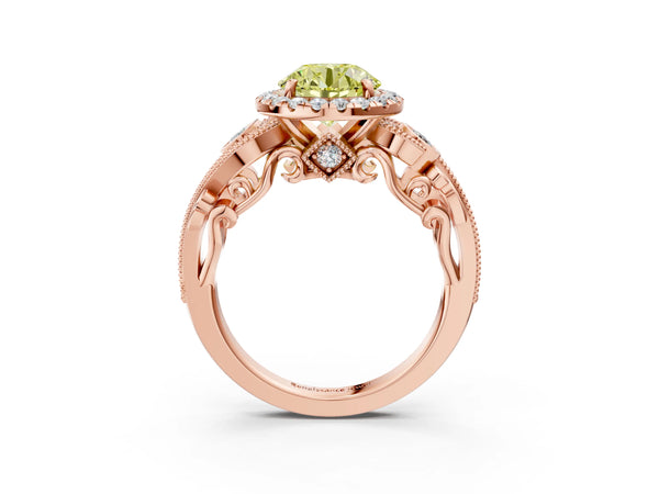 Rose gold Fancy Yellow Round Cut Diamond Halo Ring with Milgrain Pavé Band and Four-Prong Setting