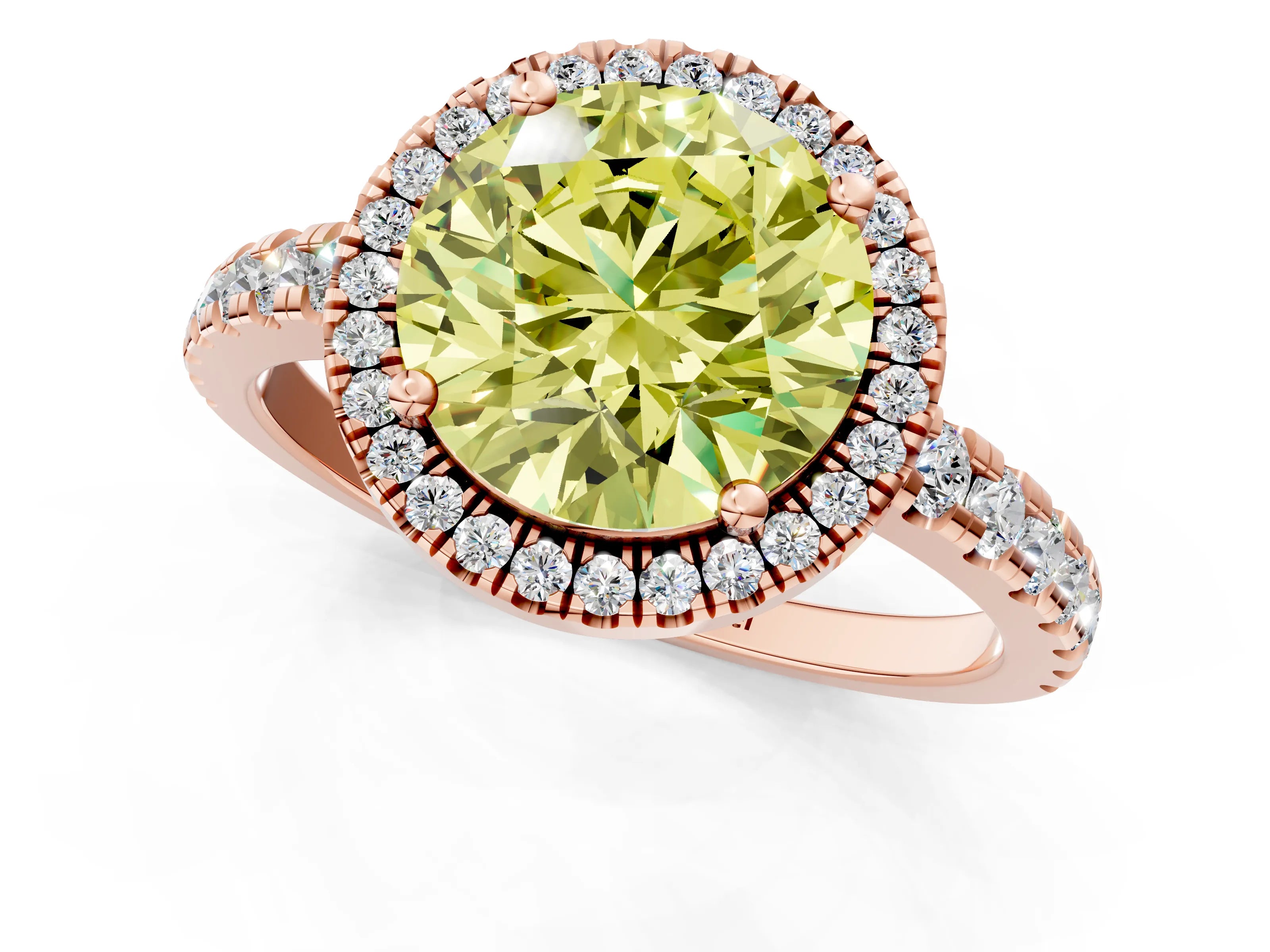 Rose gold Fancy Yellow Round Cut Diamond Halo Ring with Pavé Band and Four-Prong Setting_1