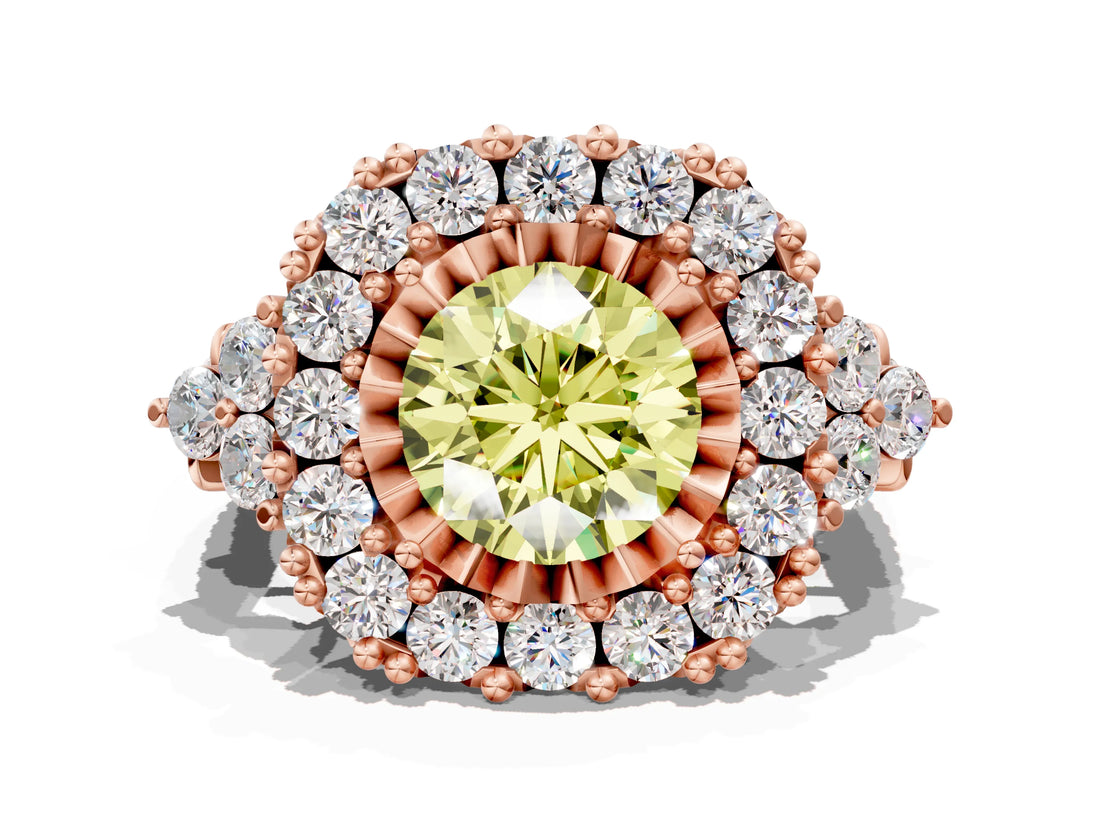 Rose gold Fancy Yellow Round Cut Diamond Halo Ring with Pavé Band and Four-Prong Setting_12