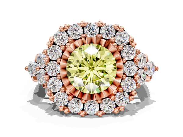 Rose Gold Round Halo Crossover Pave Engagement Ring Setting for Fancy Yellow Center
