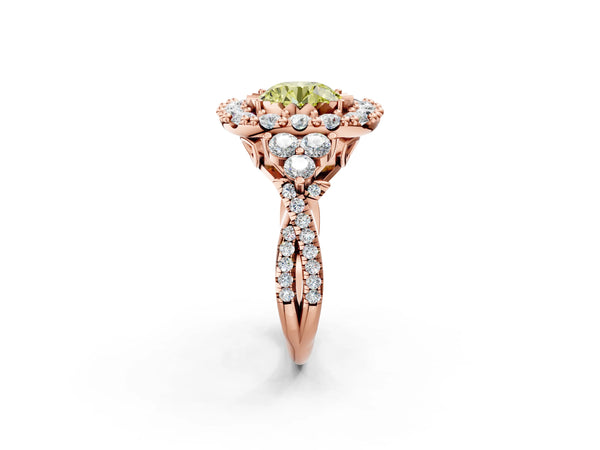 Rose Gold Round Halo Crossover Pave Engagement Ring Setting for Fancy Yellow Center