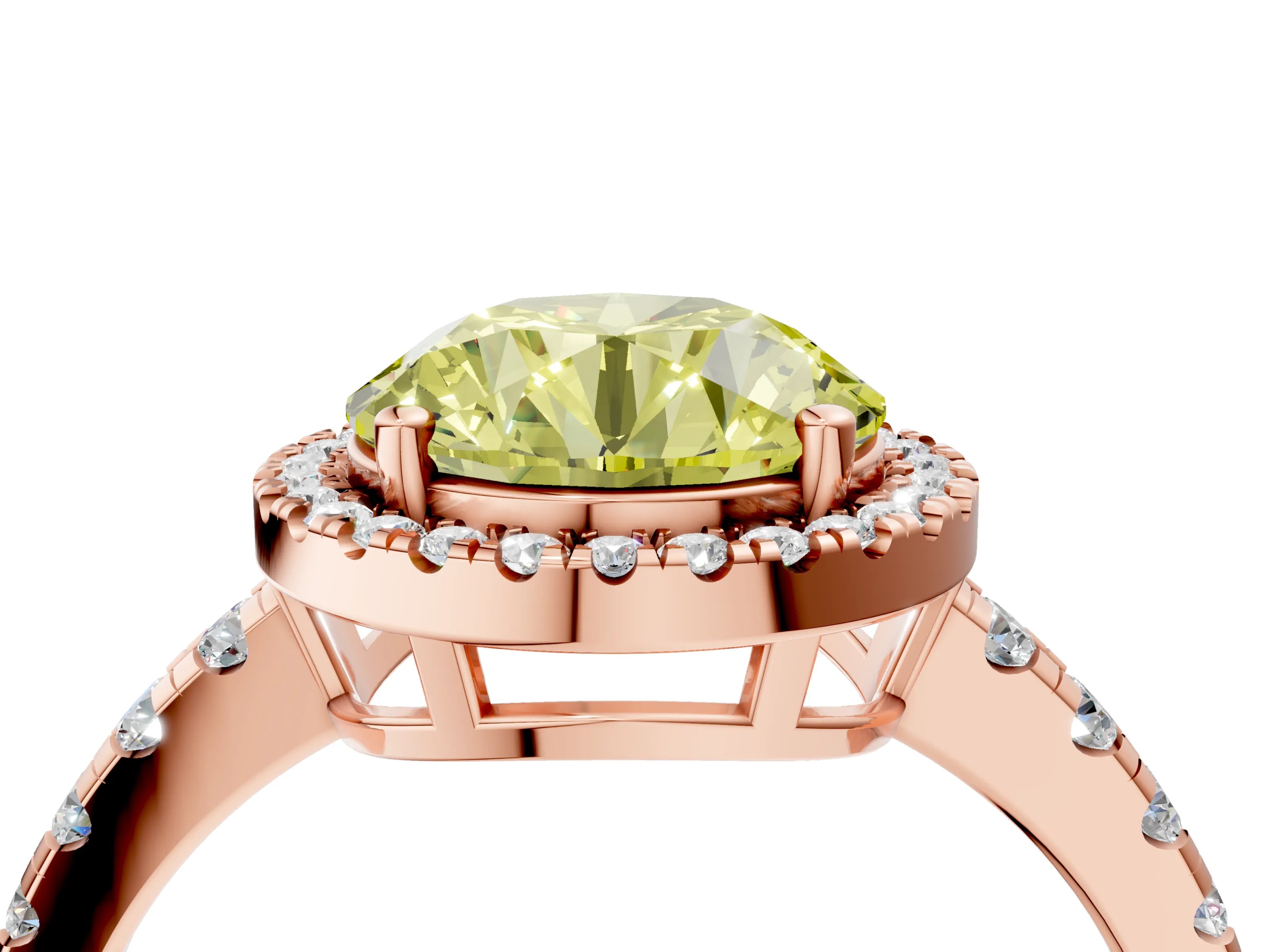 Rose gold Fancy Yellow Round Cut Diamond Halo Ring with Pavé Band and Four-Prong Setting_4