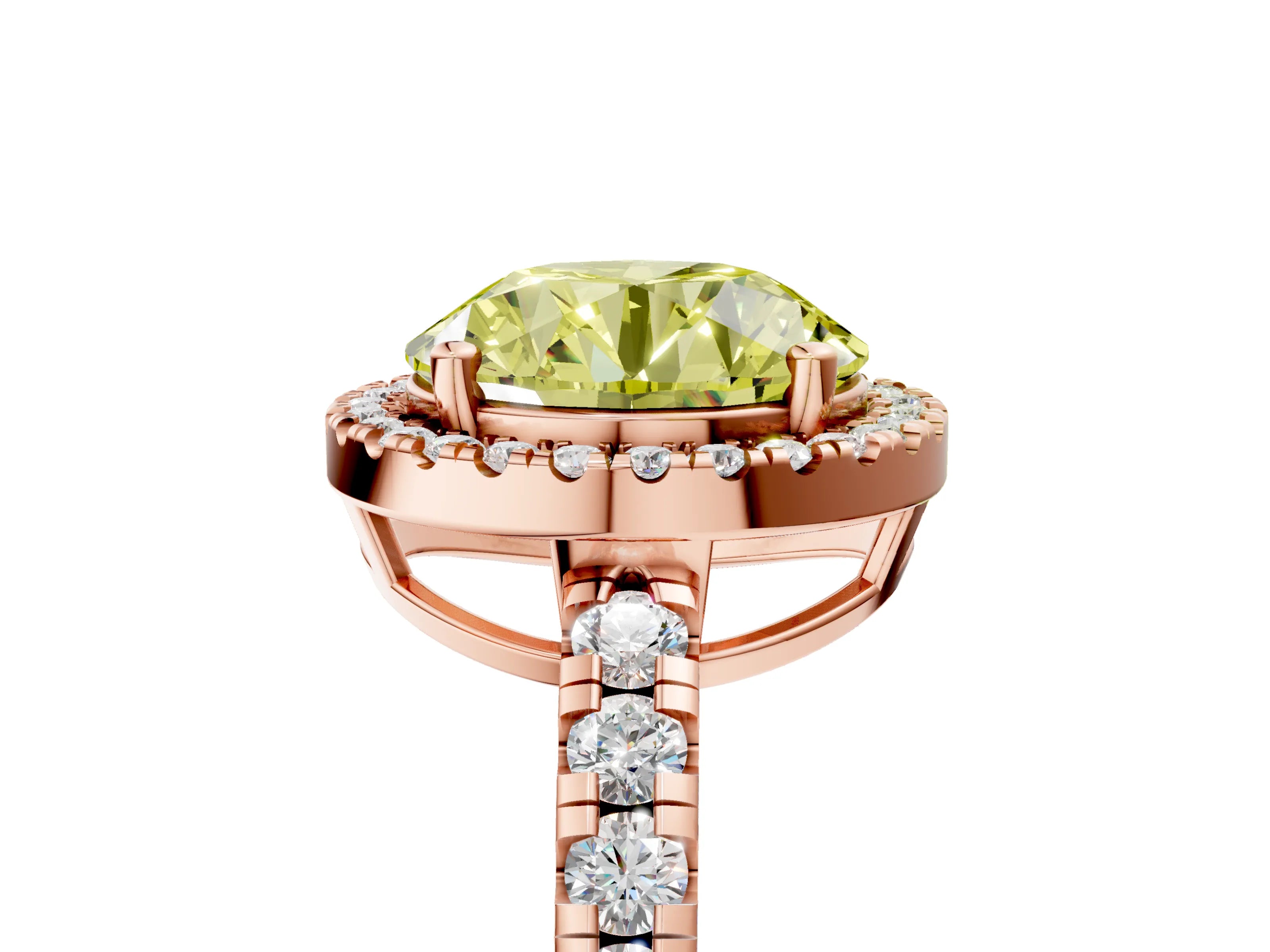 Rose gold Fancy Yellow Round Cut Diamond Halo Ring with Pavé Band and Four-Prong Setting_5