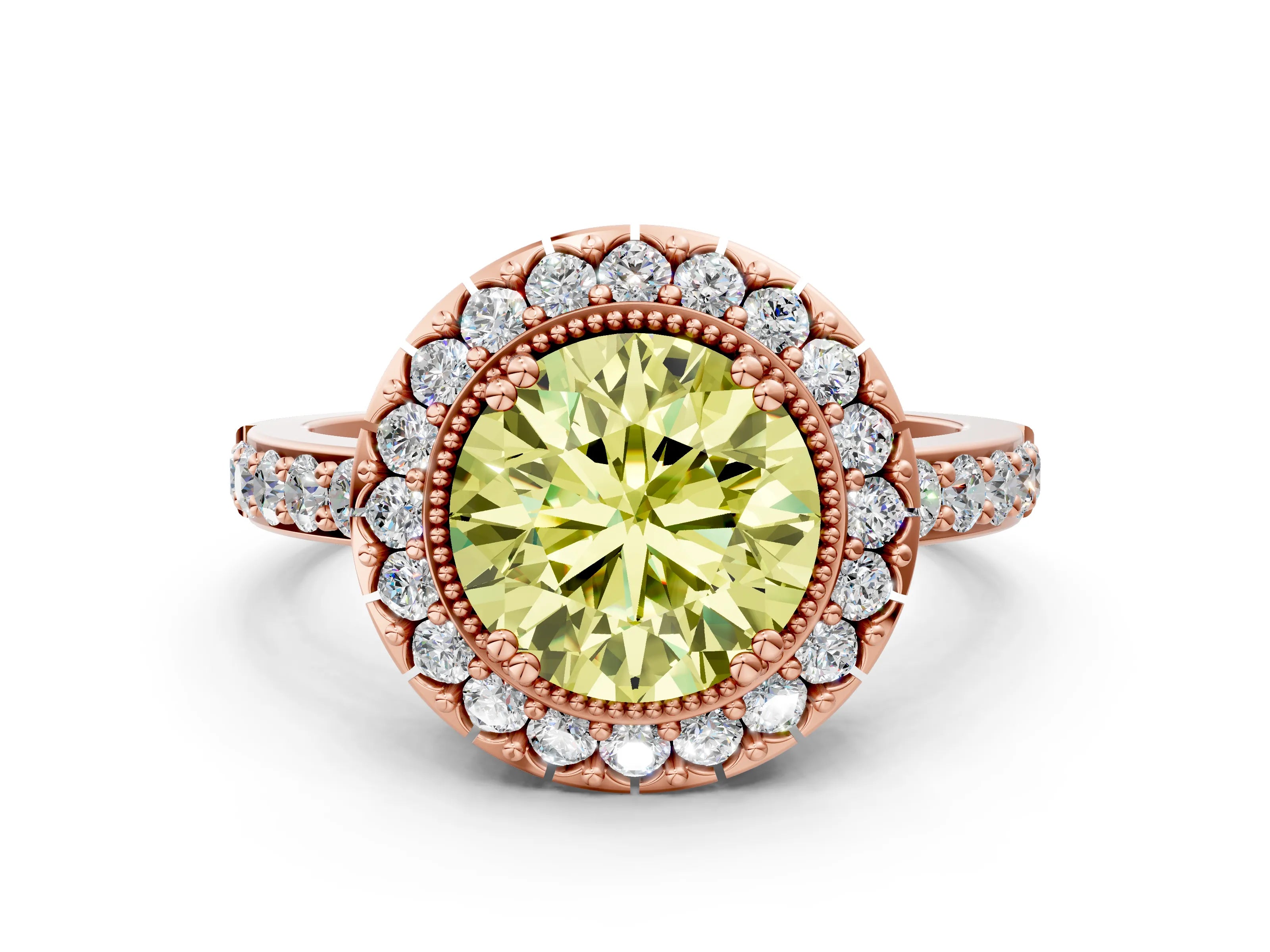 Rose gold Fancy Yellow Round Cut Diamond Halo Ring with Pavé Band and Prong Setting