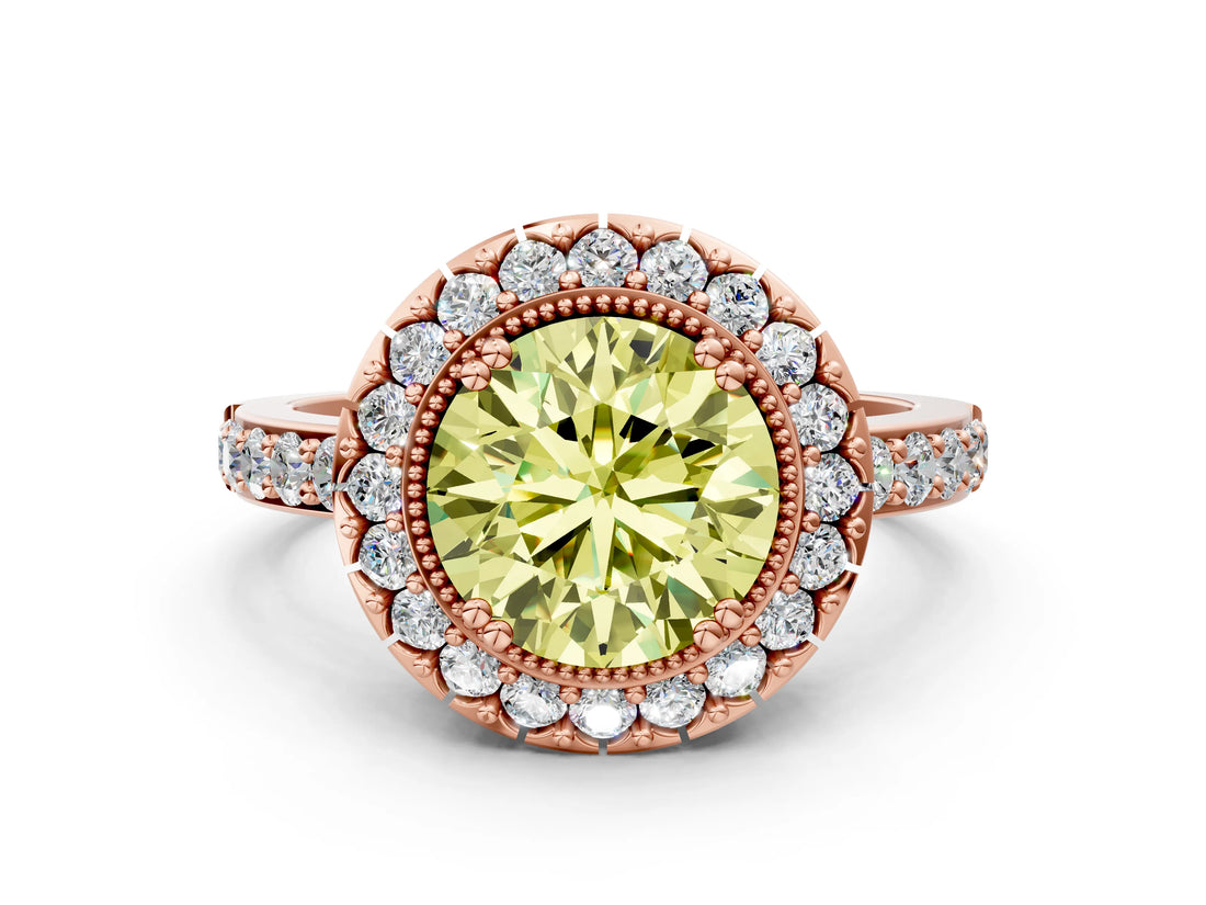 Rose gold Fancy Yellow Round Cut Diamond Halo Ring with Pavé Band and Prong Setting