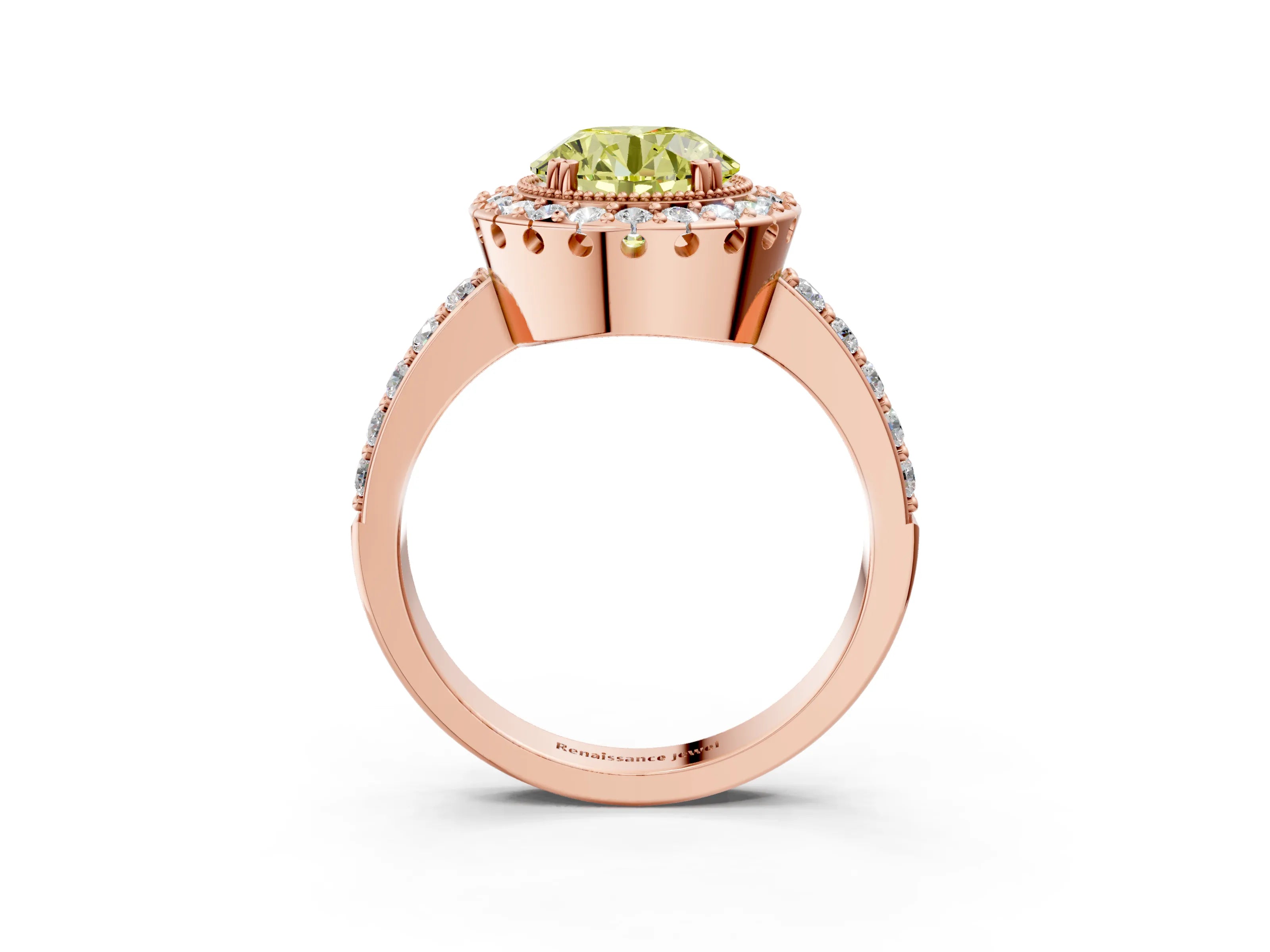 Rose gold Fancy Yellow Round Cut Diamond Halo Ring with Pavé Band and Prong Setting_3