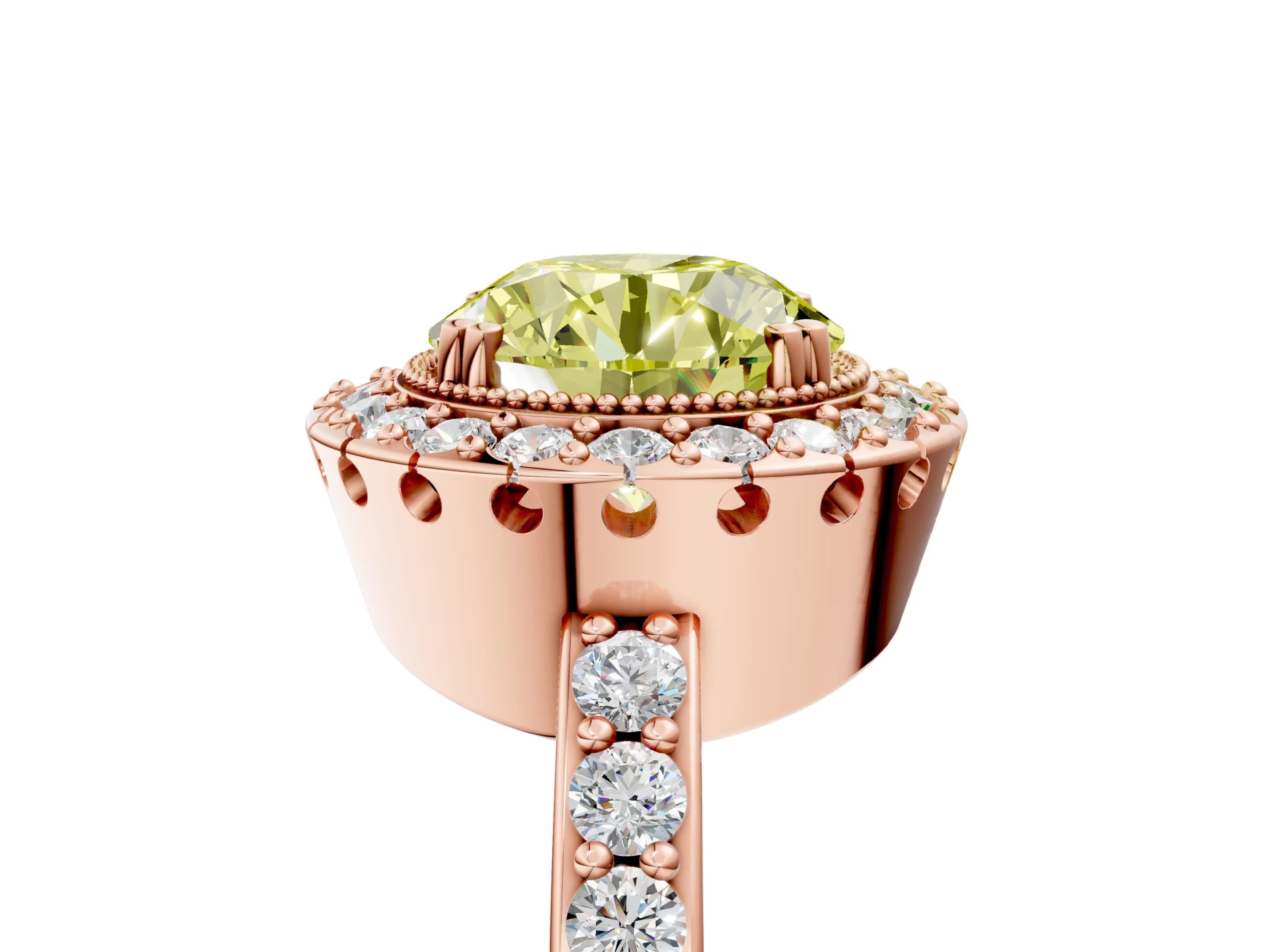 Rose gold Fancy Yellow Round Cut Diamond Halo Ring with Pavé Band and Prong Setting_5