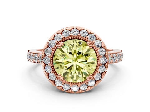 Rose gold Fancy Yellow Round Cut Diamond Halo Ring with Pavé Band and Prong Setting