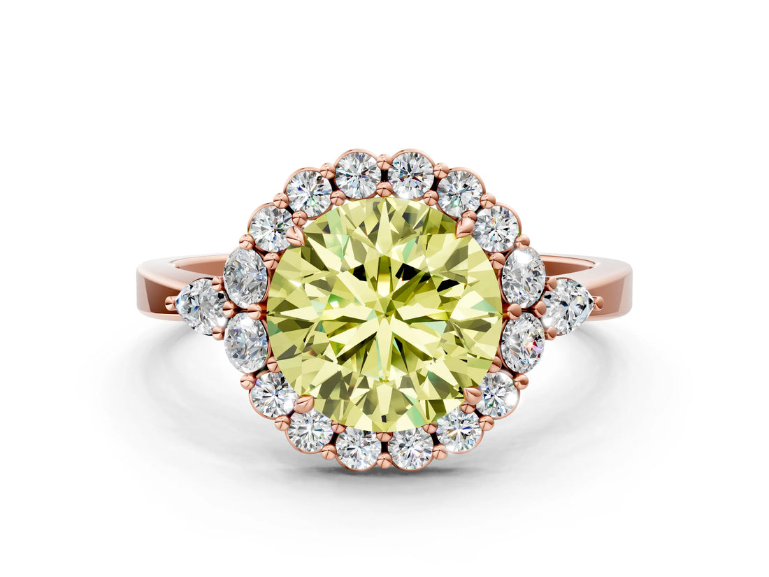 Rose gold Fancy Yellow Round Cut Diamond Halo Ring with Pear Side Stones and Prong Setting_17