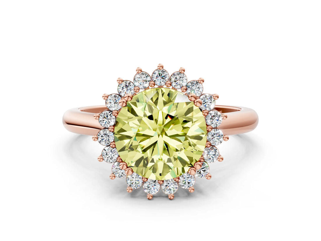 Rose gold Fancy Yellow Round  Cut Diamond Halo Ring with Solitaire Band and Prong Setting_29