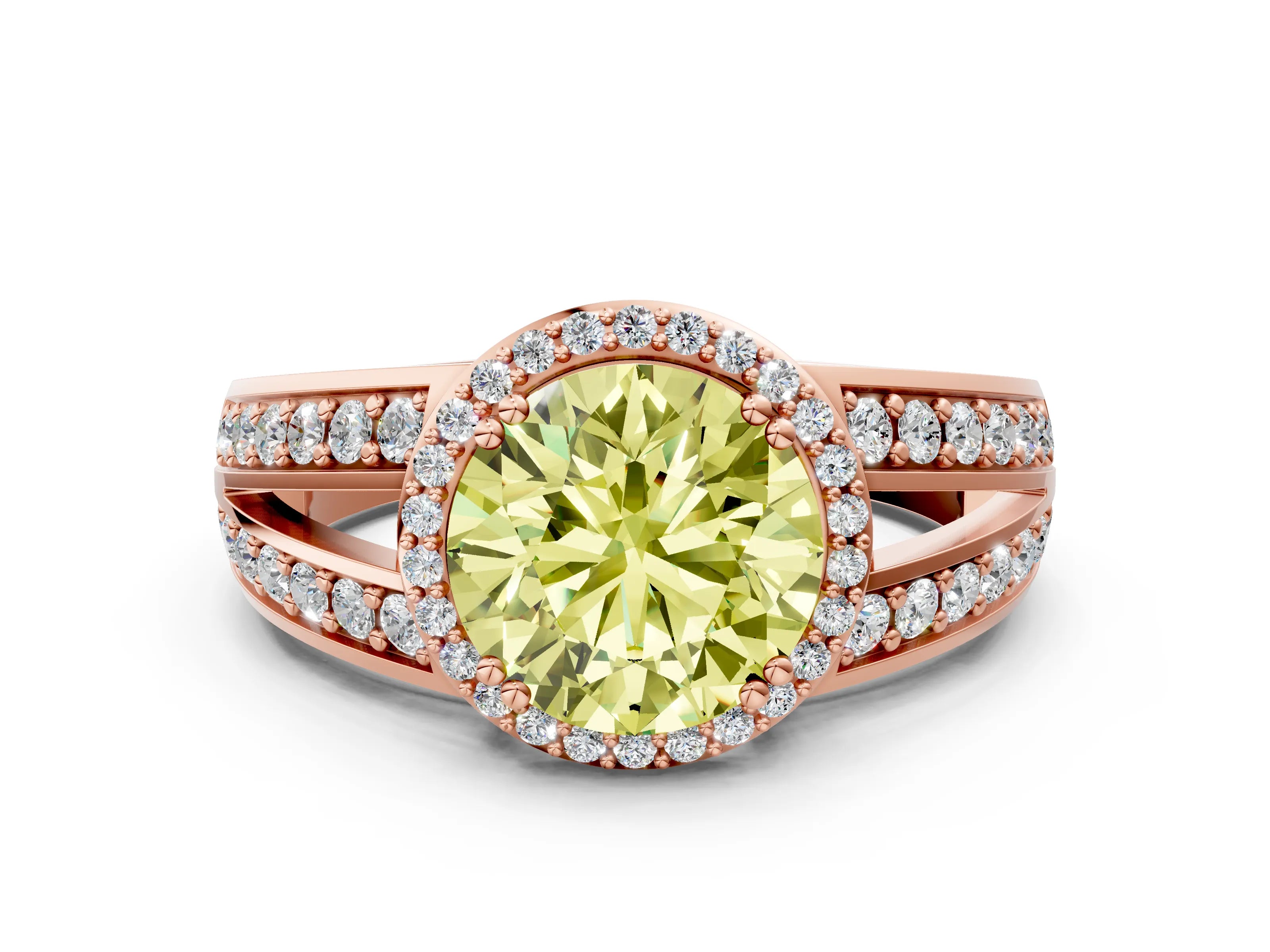 Rose gold Fancy Yellow Round Cut Diamond Halo Ring with Split Shank Pavé Band and Four-Prong Setting