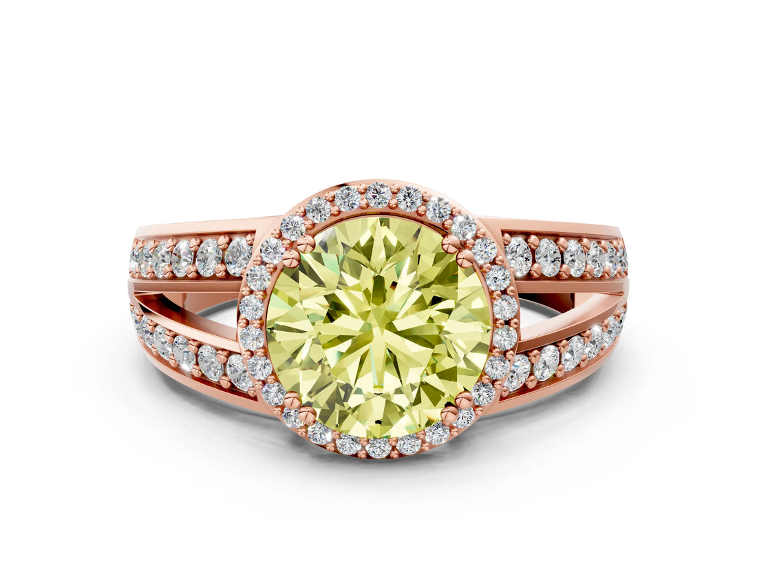 Rose gold Fancy Yellow Round Cut Diamond Halo Ring with Split Shank Pavé Band and Four-Prong Setting