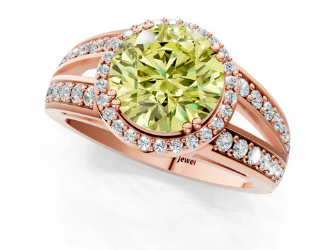 Rose gold Fancy Yellow Round Cut Diamond Halo Ring with Split Shank Pavé Band and Four-Prong Setting_1