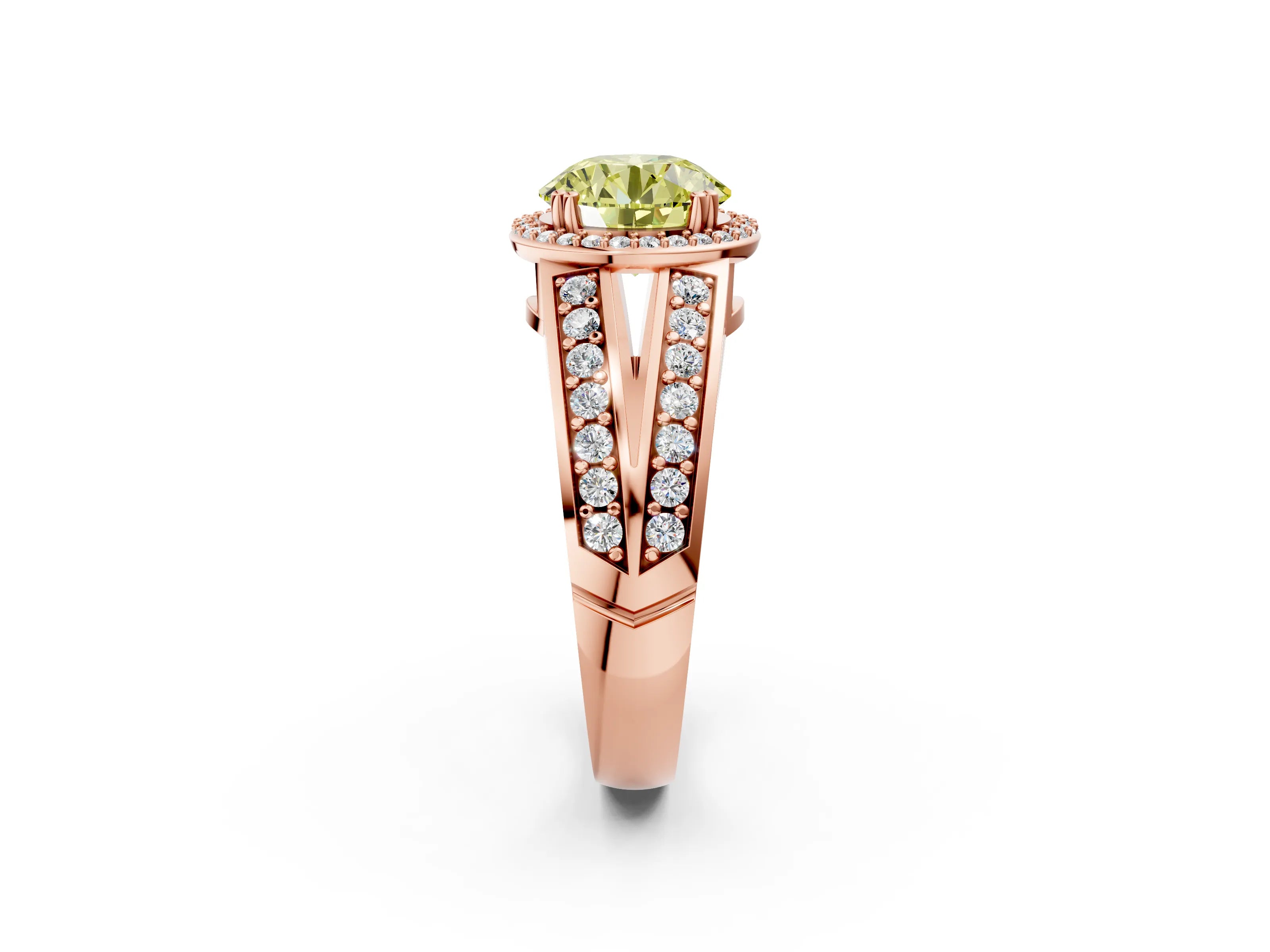 Rose gold Fancy Yellow Round Cut Diamond Halo Ring with Split Shank Pavé Band and Four-Prong Setting_2