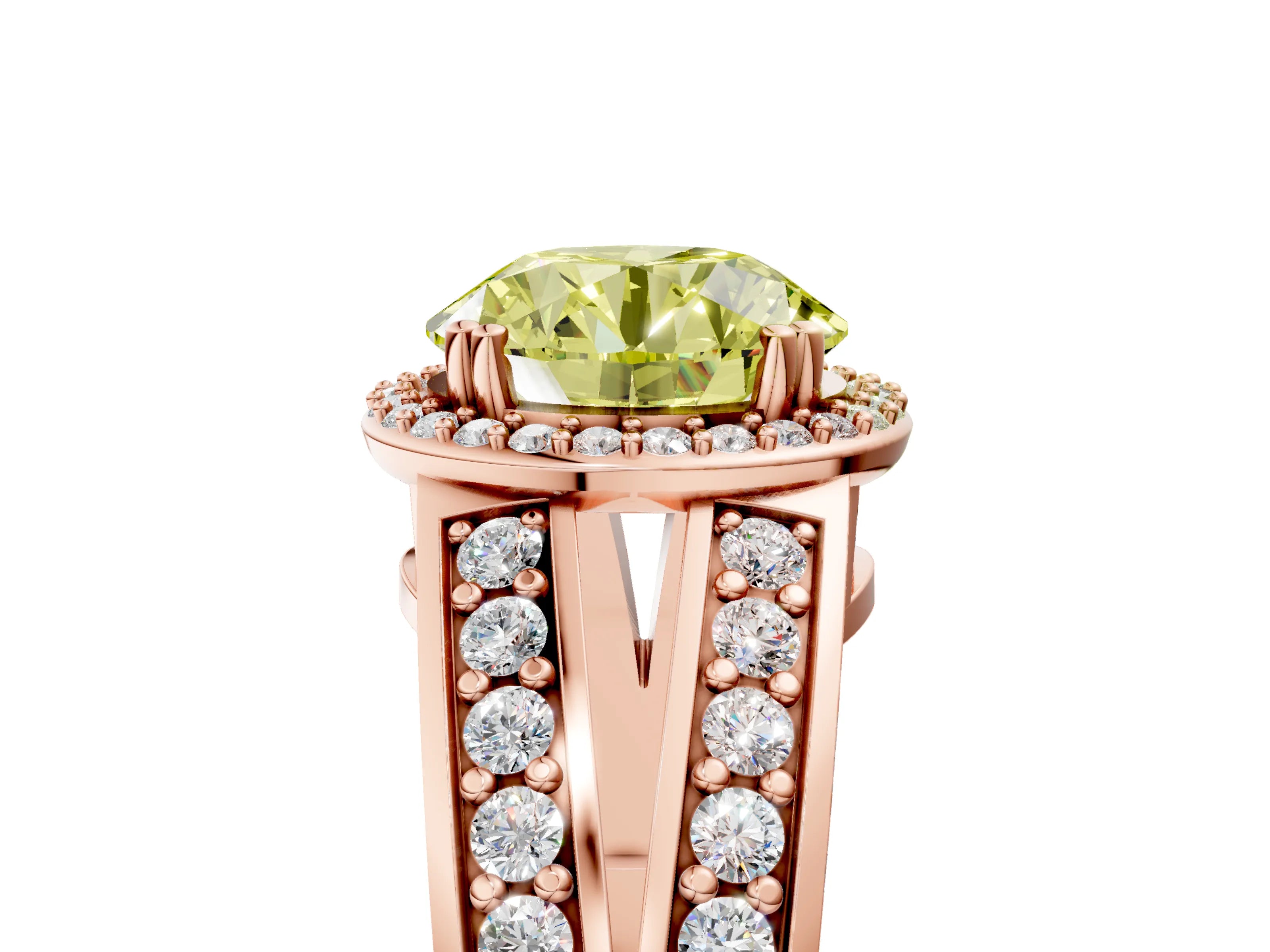 Rose gold Fancy Yellow Round Cut Diamond Halo Ring with Split Shank Pavé Band and Four-Prong Setting_5