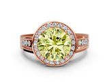 Rose gold Fancy Yellow Round Cut Diamond Halo Ring with Split Shank and Bezel Accents and Prong Setting