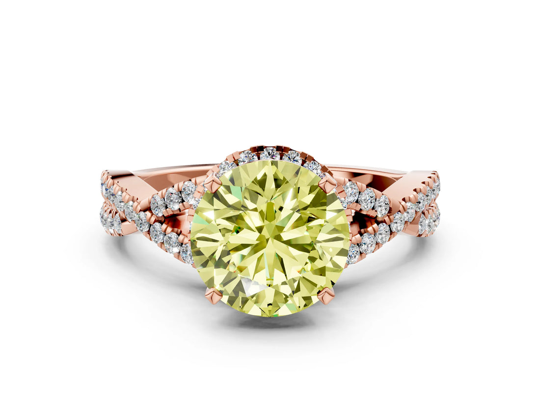 Rose gold Fancy Yellow Round Cut Diamond  Halo Twist Band Solitaire Prong Setting Ring_48