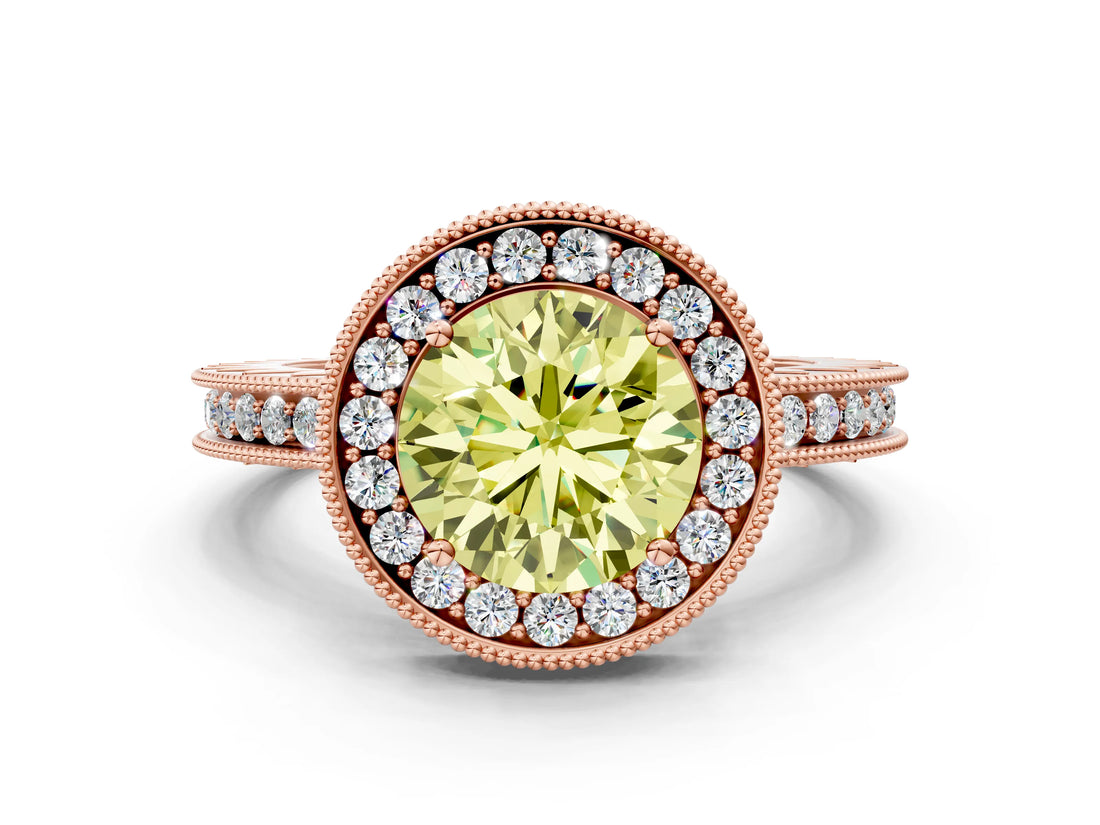 Rose gold Fancy Yellow Round Cut Diamond Milgrain Halo Engagement Ring with Round Pavé Band and Prong Setting_12