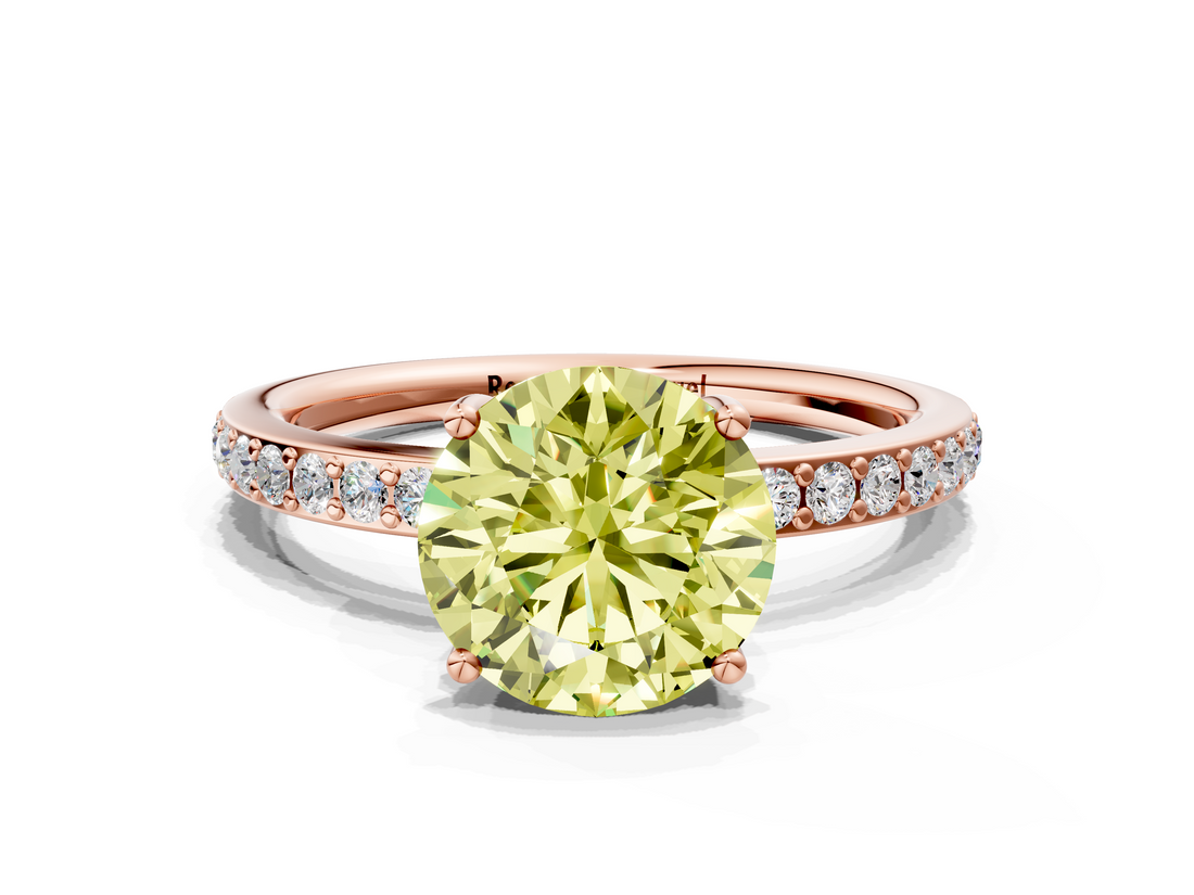 Rose gold Fancy Yellow Round  Cut Diamond Pavé Band Ring with Four-Prong Setting