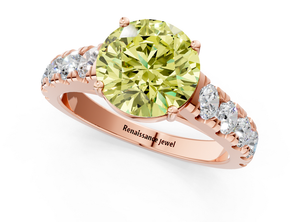 Rose gold Fancy Yellow Round  Cut Diamond Solitaire Ring with Micro Pave Band and Prong Setting