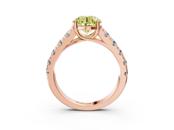 Rose gold Fancy Yellow Round  Cut Diamond Solitaire Ring with Micro Pave Band and Prong Setting
